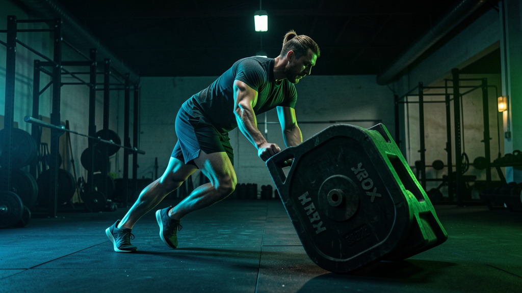 Athlet beim Sled Push im Hyrox